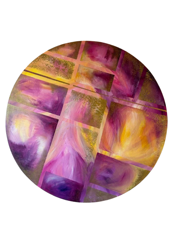 Lebendiges Mandala-Bild von Elke Diehl in Magenta, Gold und Violett